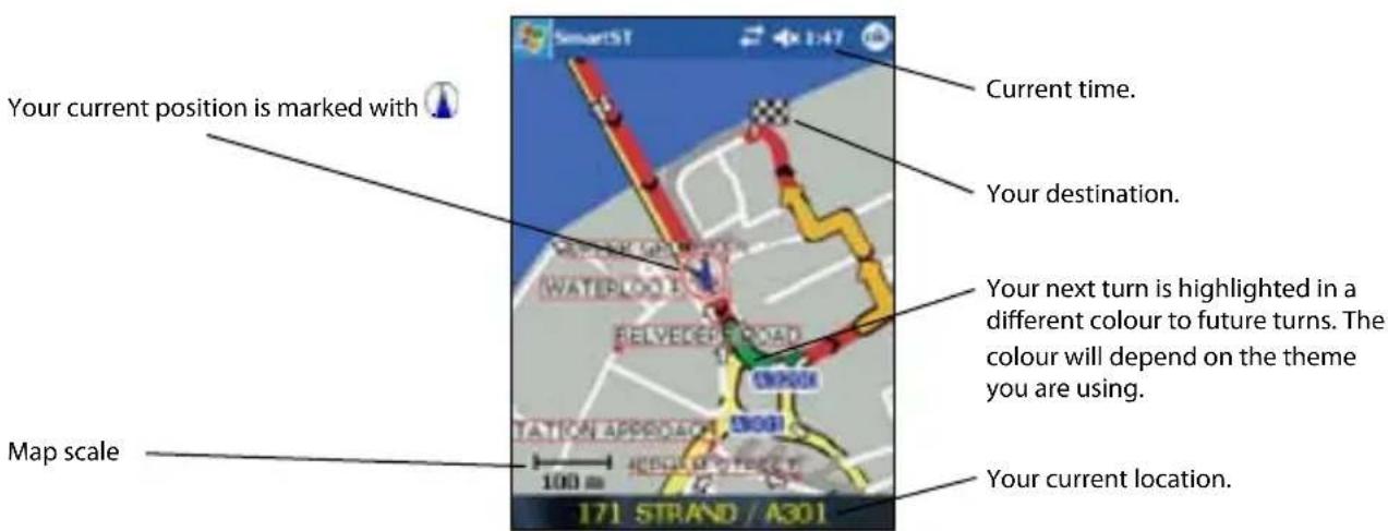 Your current position is marked with Map scale 171 STRAND / A301 Current time. Your destination. Your next turn is highlighted in a different colour to future turns. The colour will depend on the theme you are using. Your current location.