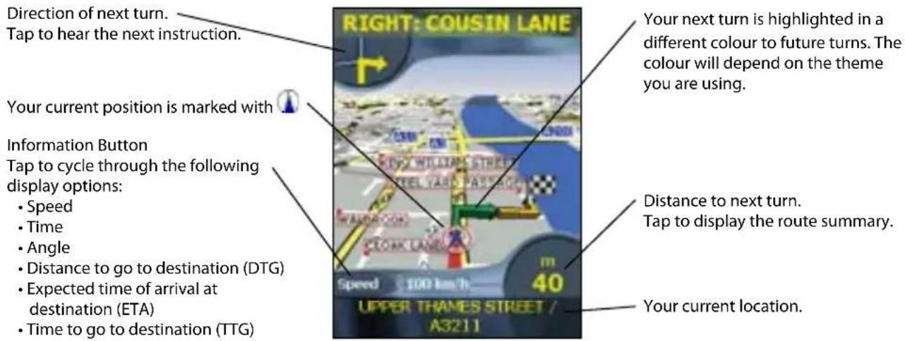 Direction of next turn. Tap to hear the next instruction. Your current position is marked with Information Button Tap to cycle through the following display options: • Speed • Time • Angle • Distance to go to destination (DTG) • Expected time of arrival at destination (ETA) • Time to go to destination (TTG) RIGHT: COUSIN LANE Your next turn is highlighted in a different colour to future turns. The colour will depend on the theme you are using. Distance to next turn. Tap to display the route summary. Your current location. UPPER THAMES STREET / A3211