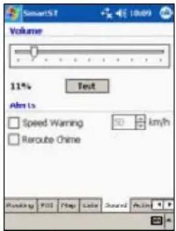 SmartSI Volume 11% Test Alerts Speed Warning 50 lm/h Reroube Chime Ranking Fill Help Save Sound Apply