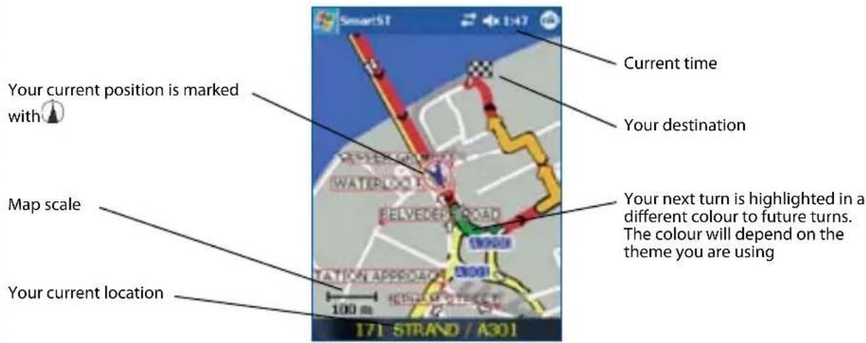 Your current position is marked with Map scale Your current location Current time Your destination Your next turn is highlighted in a different colour to future turns. The colour will depend on the theme you are using 100 m 171 STRAND / A301