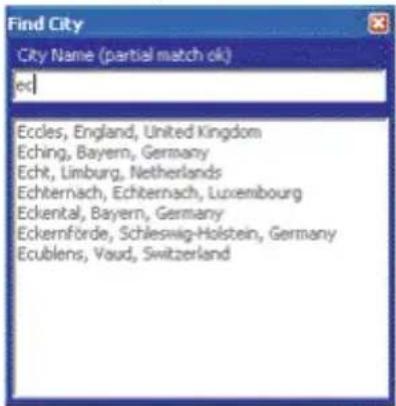 Find Cty City Name (partial match ok) ec Eccles, England, United Kingdom Eching, Bayern, Germany Echt, Limburg, Netherlands Echternach, Echternach, Luxembourg Eckental, Bayern, Germany Eckernförde, Schleswig-Holstein, Germany Ecublens, Vaud, Switzerland