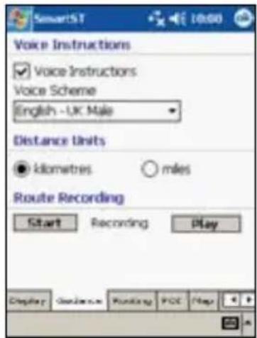 SmartSI 10:00 Voice Instructions ✓ Voice Instructions Voice Scheme English - UK Male Distance Units ● kilometres ○ miles Route Recording Start Recording Play Display Google.m Routing PCE Map