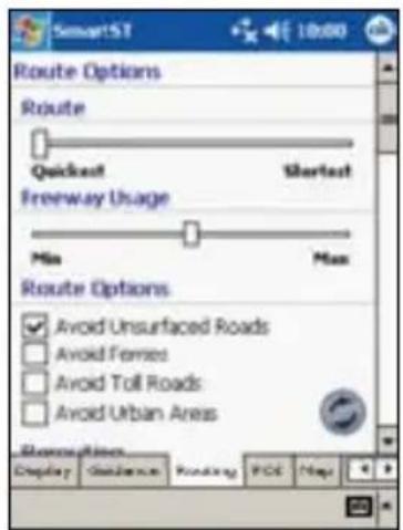 SmartST 10:00 Route Options Route Quickest Shortest Freeway Usage Min Max Route Options ✓ Avoid Unsurfaced Roads ☐ Avoid Fennes ☐ Avoid Toll Roads ☐ Avoid Urban Areas Show options Display Guidance Routing FCE Map