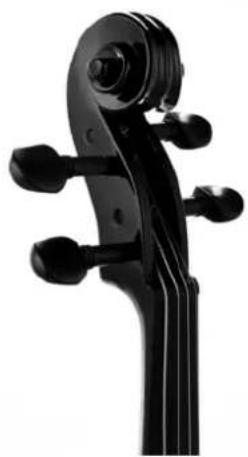 Close-up of a black violin instrument with multiple tuning pegs (no text or symbols visible)