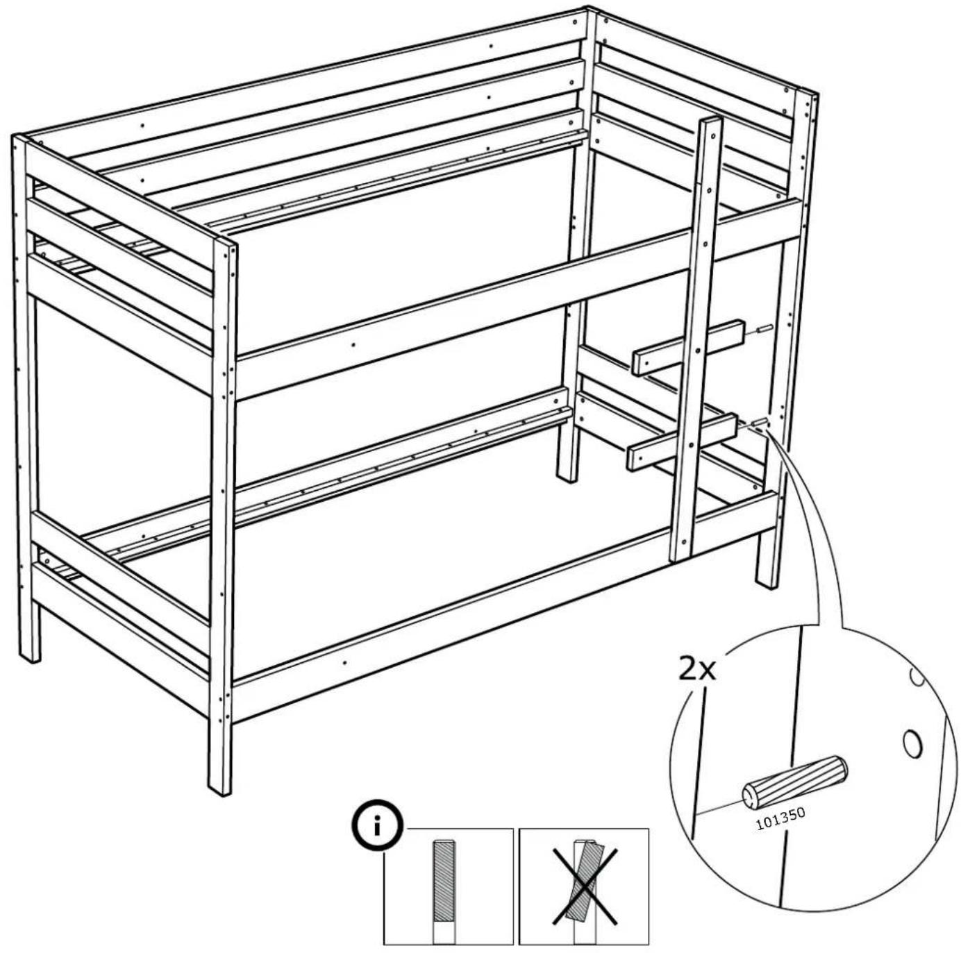 Technical line drawing of a two-level metal bunk bed with cross-sectional view and dimensional annotations