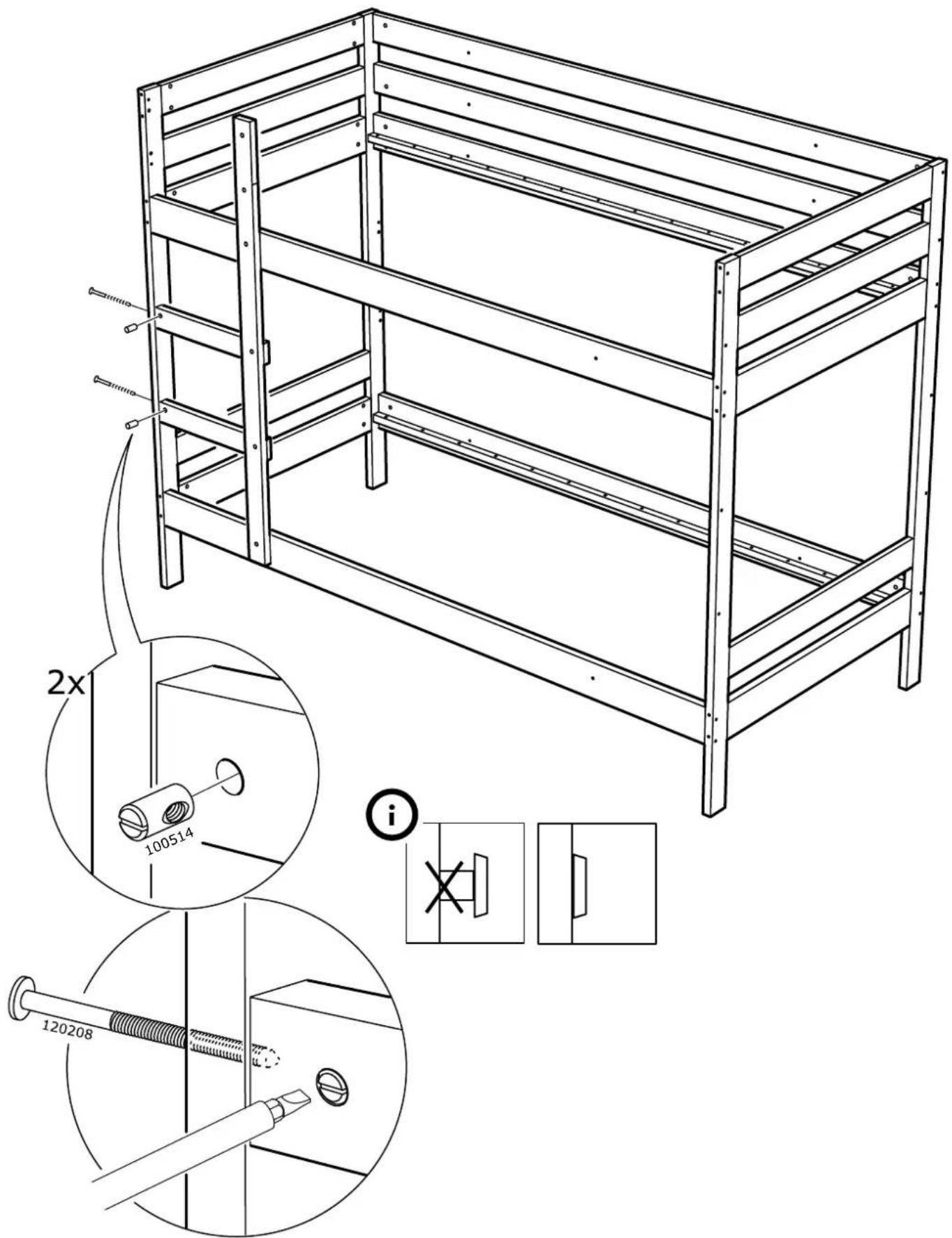 Technical diagram of a modular bunk bed assembly with labeled components and cross-sectional views