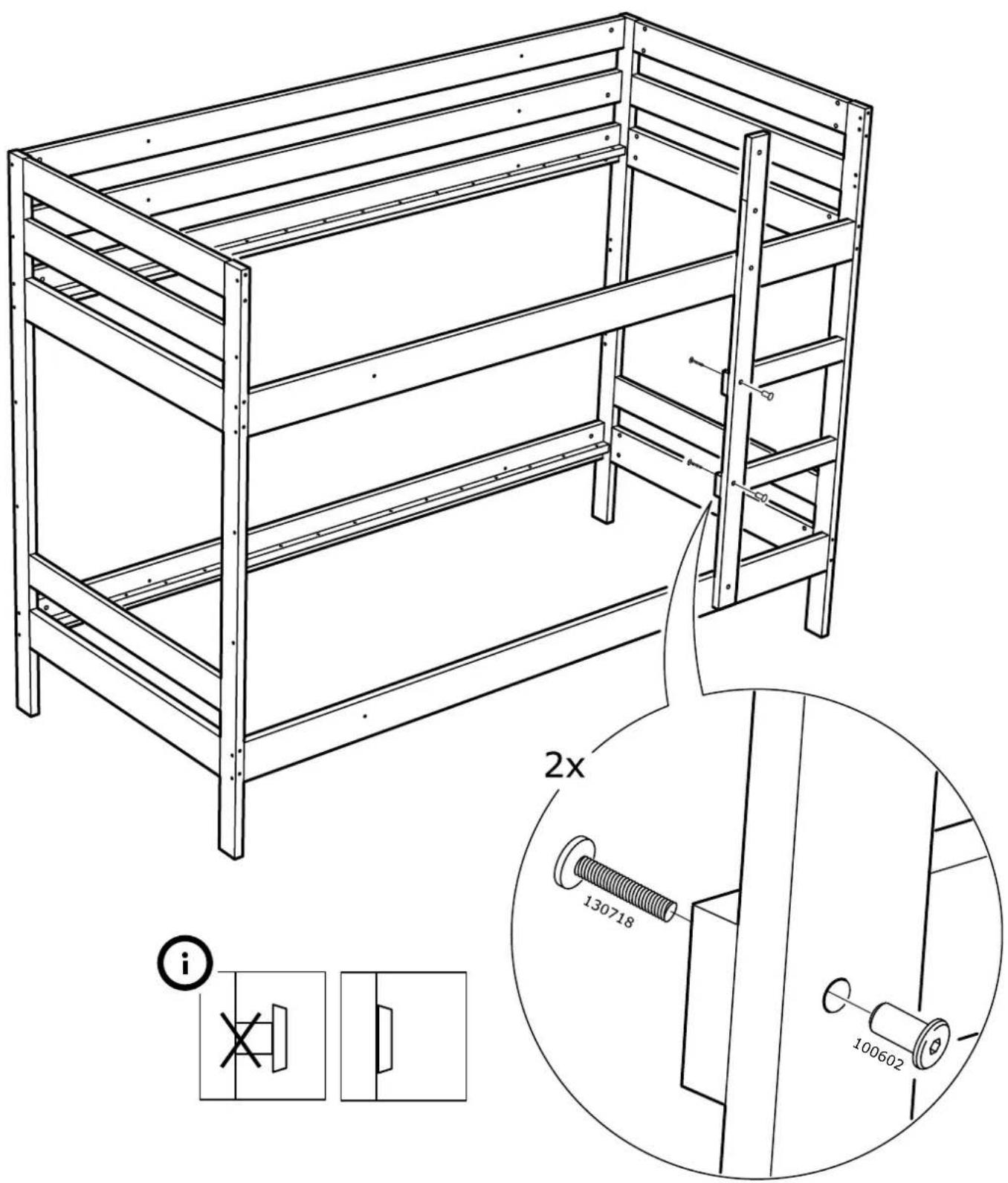 Technical diagram of a modular bunk bed with labeled components and dimensions, including mounting holes and a 2x ratio specification.