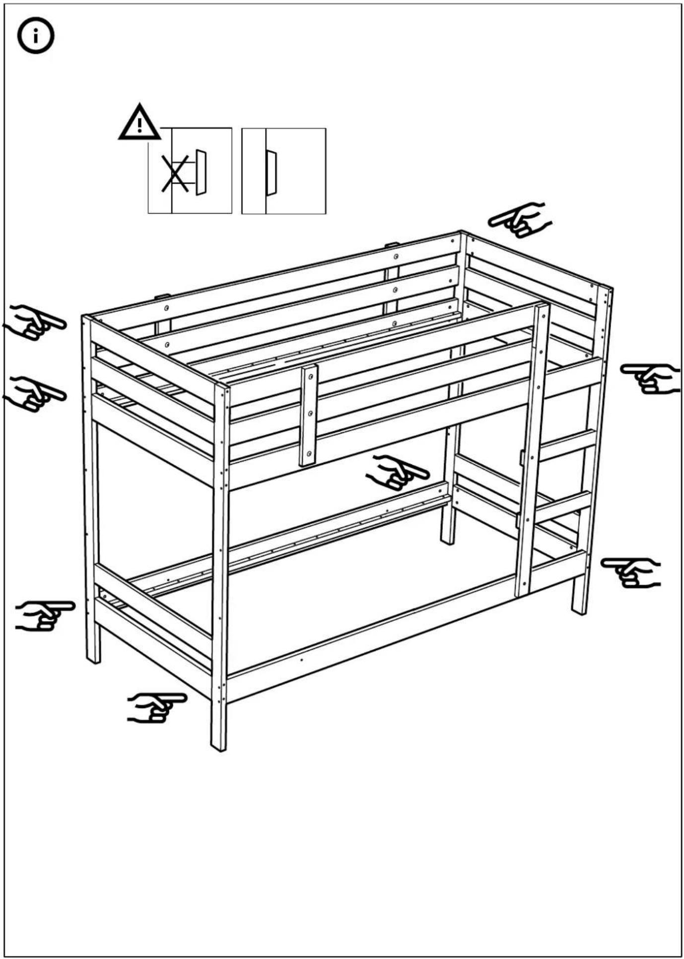 Technical diagram of a wooden bunk bed with directional arrows and warning symbols indicating safety warnings.