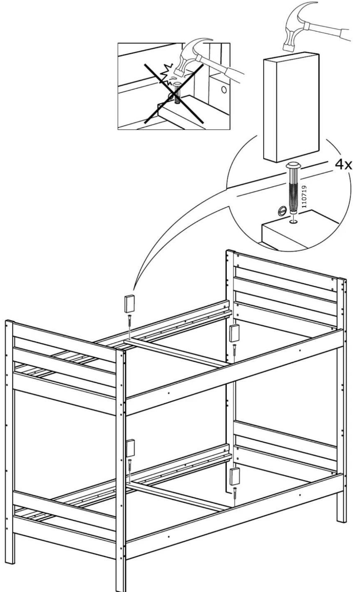 Technical diagram illustrating a 4x ratio installation of a metal bunk bed, showing structural components and welding process.