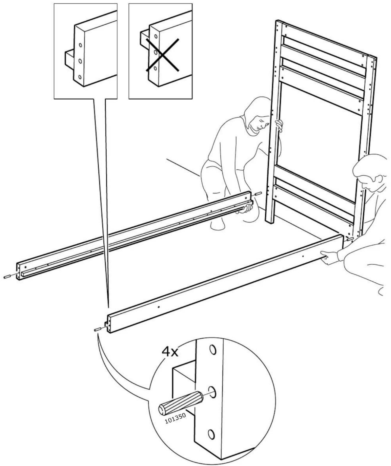 Technical diagram showing a worker installing a metal frame with an inset close-up of a bracket and a 4x ratio label (101350) indicating a 4x ratio.
