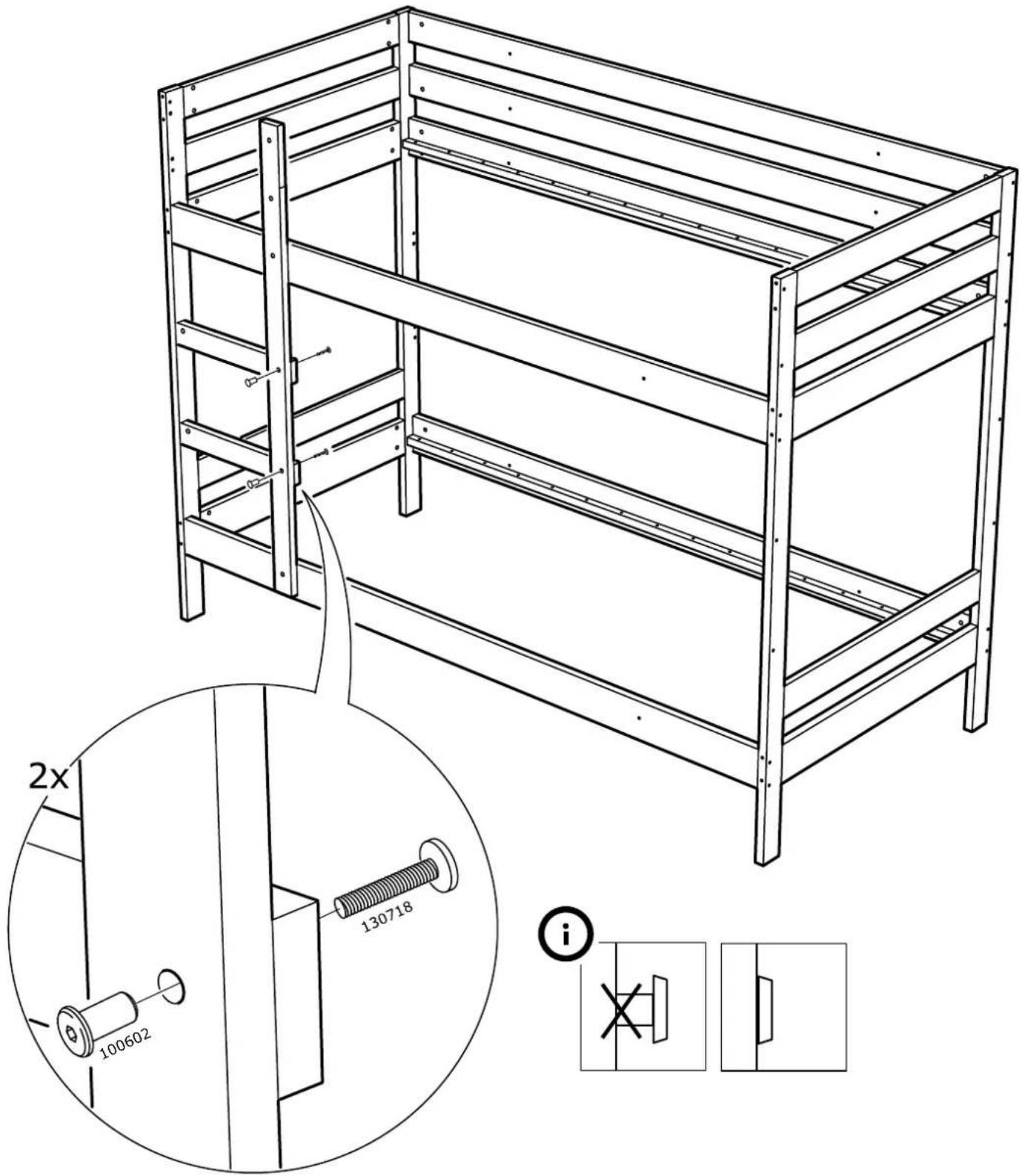 Technical diagram of a two-story metal bunk bed with labeled components and cross-sectional view