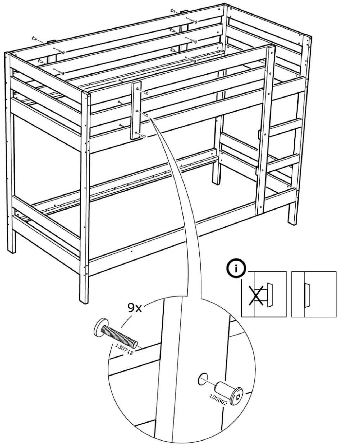 Technical diagram of a modular shelving unit with labeled components and dimensions, including a 9x bolt specification.