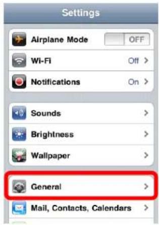 Settings Airplane Mode OFF Wi-Fi Off > Notifications On > Sounds > Brightness > Wallpaper > General > Mail, Contacts, Calendars >