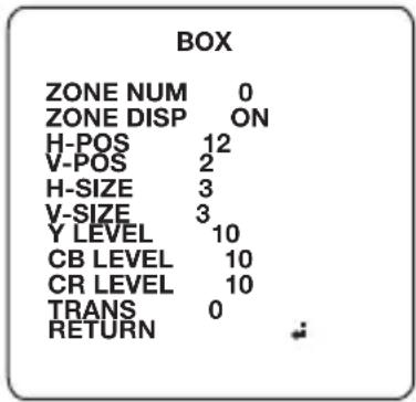 BOX ZONE NUM 0 ZONE DISP ON H-POS 12 V-POS 2 H-SIZE 3 V-SIZE 3 Y LEVEL 10 CB LEVEL 10 CR LEVEL 10 TRANS 0 RETURN