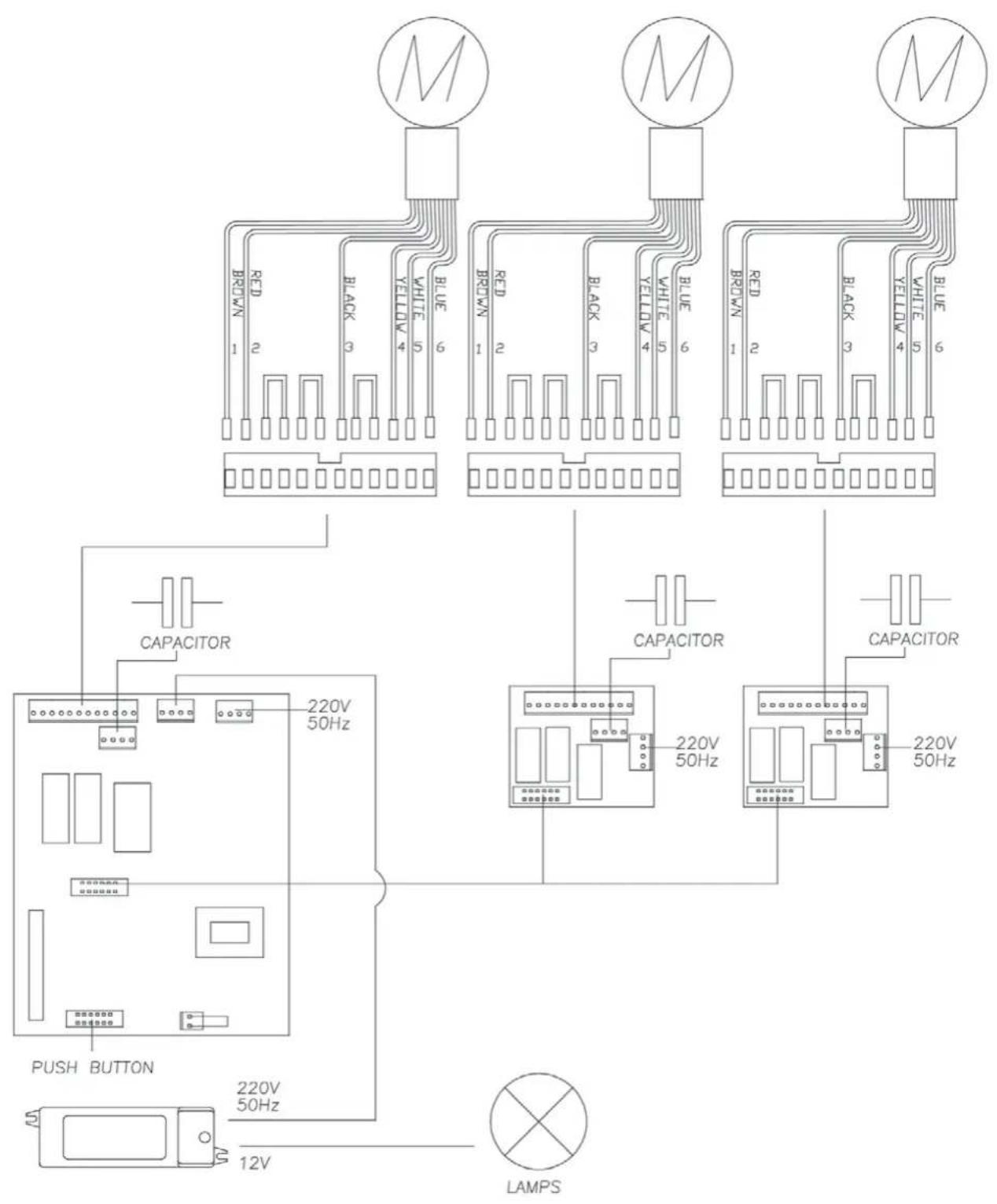 RED 1 2 BLACK 3 YELLOW 4 WHITE 5 BLUE 6 RED 1 2 BLACK 3 YELLOW 4 WHITE 5 BLUE 6 RED 1 2 BLACK 3 YELLOW 4 WHITE 5 BLUE 6 CAPACITOR 220V 50Hz CAPACITOR 220V 50Hz CAPACITOR 220V 50Hz PUSH BUTTON 220V 50Hz 12V LAMPS