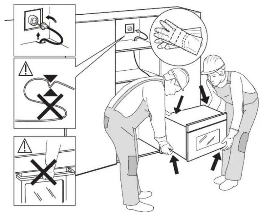 Diagram illustrating hand protection and safety warning in a appliance repair or installation procedure, with labeled icons for electrical switch, hand gesture, and safety symbols.
