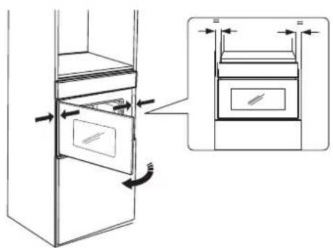 Technical diagram showing a door opening with directional arrows and a close-up of the interior panel with labeled components.