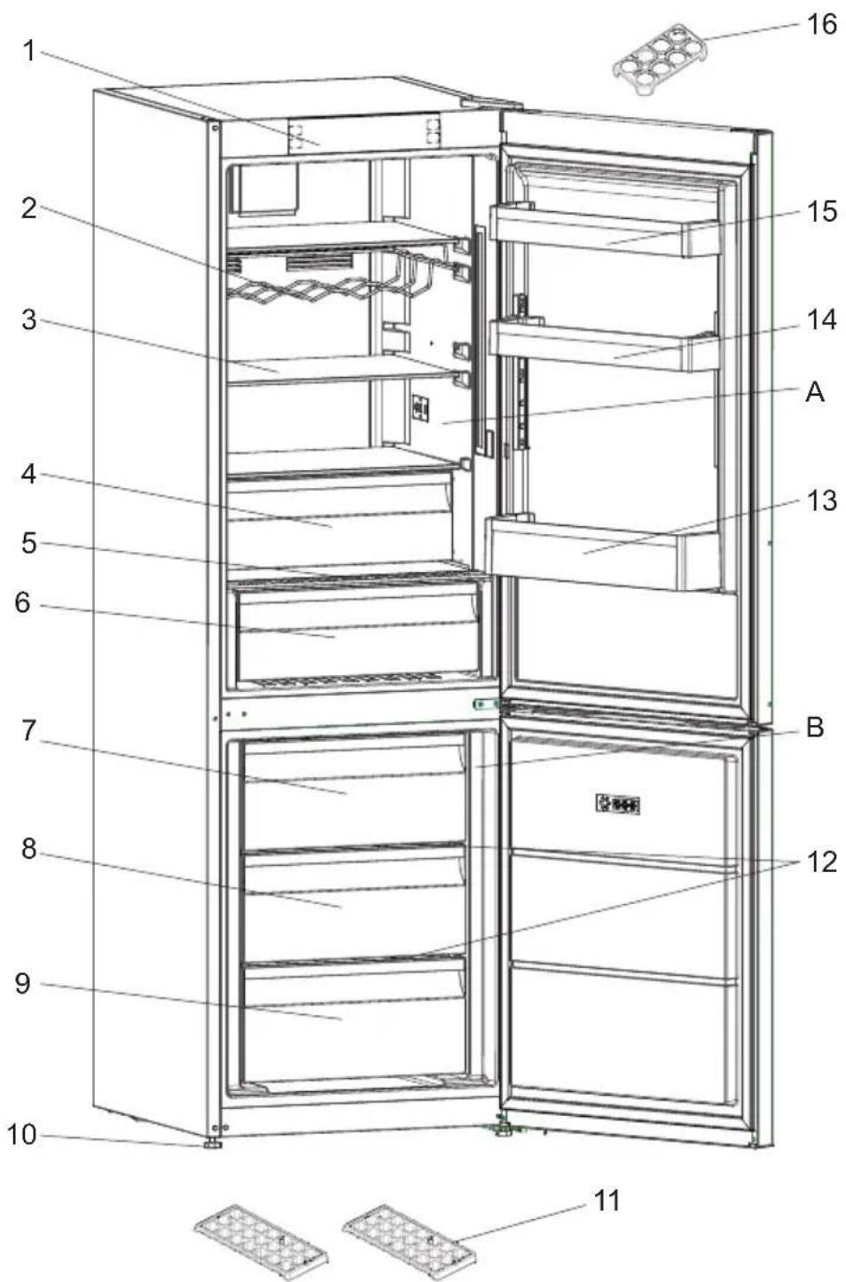 Technical diagram of a refrigerator with numbered parts and labeled interior features