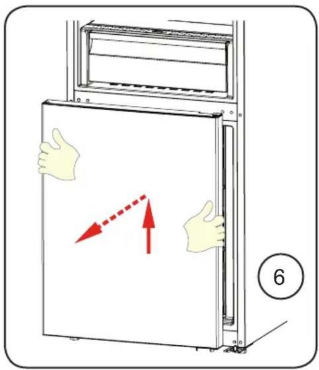 Diagram showing hand gesture interacting with a door panel, with red arrows indicating movement and numbered label 6