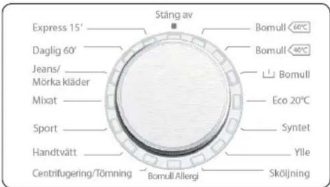 Stäng av Express 15' Daglig 60' Jeans/ Mörka kläder Mixat Sport Handtvätt Centrifugering/Tömning Stäng av Bomull < 60°C Bomull < 40°C Bomull Eco 20°C Syntet Yile Sköljning Bomull Allergi