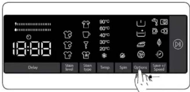 18:00 90°C 60°C 40°C 30°C 20°C Delay Stain level Stain type Temp Spin Options Save +/Speed