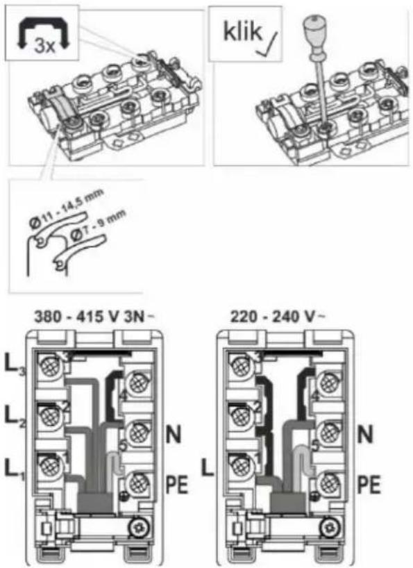 3x klik Ø11 - 14.5 mm Ø7 - 9 mm 380 - 415 V 3N~ L3 L2 L1 N PE L 220 - 240 V~ N PE