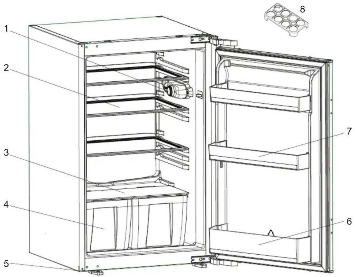 Technical diagram of an open refrigerator with numbered parts and a labeled inset showing the tray.