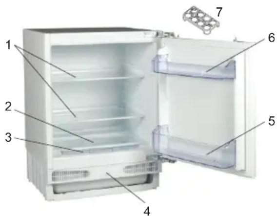 Labeled diagram of a refrigerator interior showing numbered compartments and a rack unit