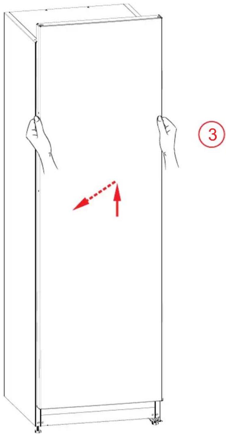 Diagram showing two hands holding a rectangular cabinet with a red dashed arrow indicating direction, labeled with number 3.