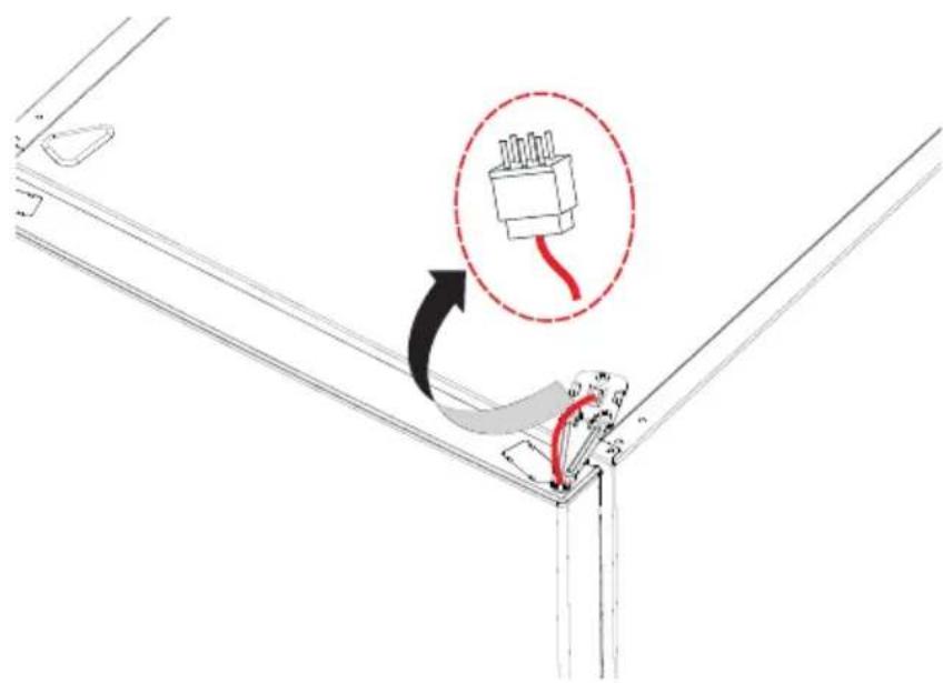 Technical diagram showing a cable or connector assembly with a red wire and arrow indicating rotation or adjustment.