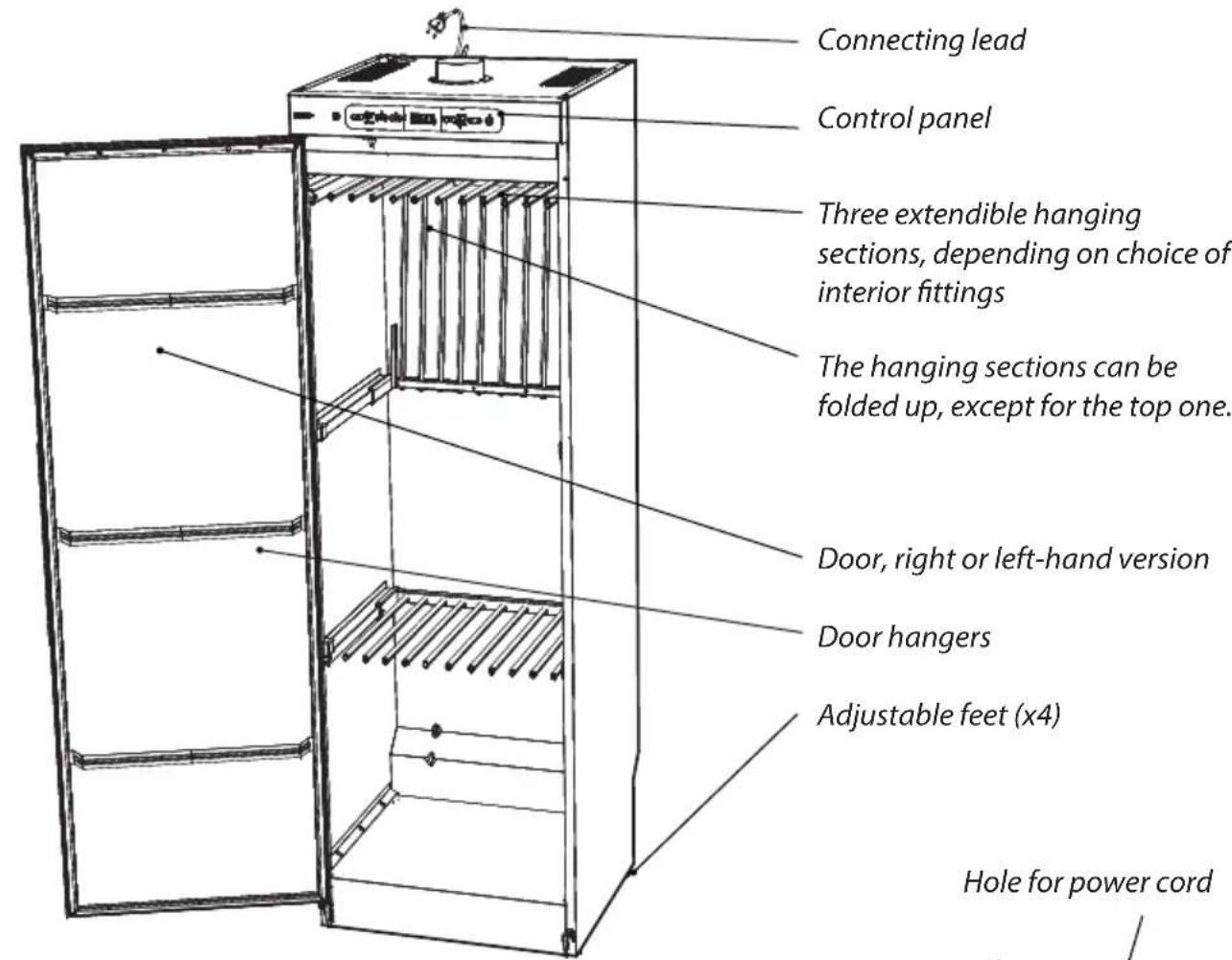 Connecting lead Control panel Three extendible hanging sections, depending on choice of interior fittings The hanging sections can be folded up, except for the top one. Door, right or left-hand version Door hangers Adjustable feet (x4) Hole for power cord