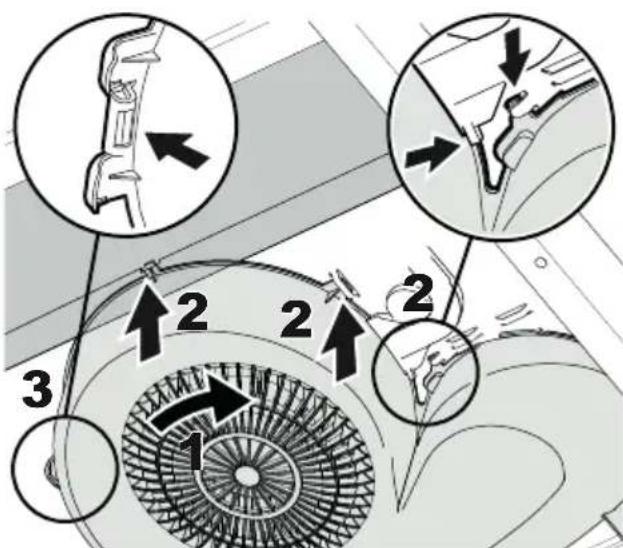 Technical diagram illustrating mechanical assembly steps with numbered annotations and directional arrows