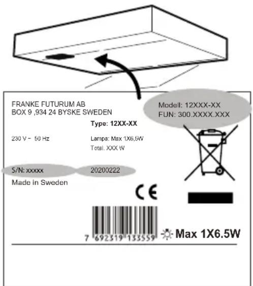 FRANKE FUTURUM AB BOX 9 ,934 24 BYSKE SWEDEN Type: 12XX-XX 230 V - 50 Hz Lampa: Max 1X6.5W Total: XXX W S/N: xxxxx Made in Sweden Model: 12XXX-XX FUN: 300.XXXX.XXX CE 7 692519 135559 Max 1X6.5W