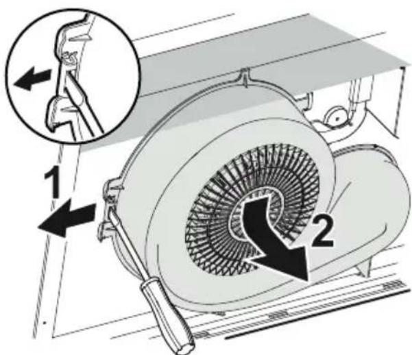 Technical diagram showing a mechanical device with labeled parts and directional arrows indicating motion or assembly.