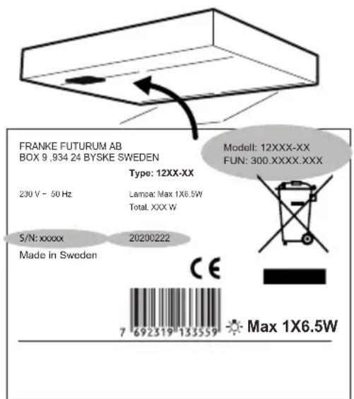 FRANKE FUTURUM AB BOX 9,934 24 BYSKE SWEDEN Type: 12XX-XX 230 V - 50 Hz Lampa: Max 1X6.5W Total. XXX W S/N: xxxx 20200222 Made in Sweden Modelt: 12XXX-XX FUN: 300.XXXX.XXX CE 7 692519 135559 Max 1X6.5W