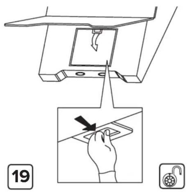 Diagram illustrating a 3D printer setup with labeled parts and a hand interacting with a padlock, showing step 19.