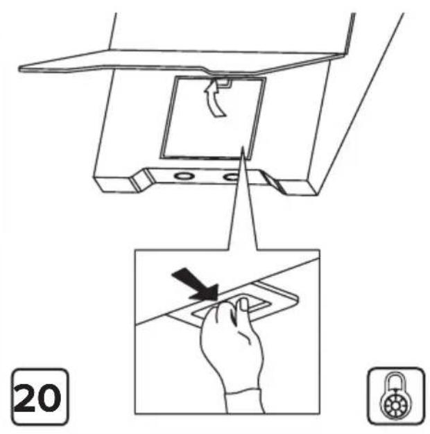 Diagram illustrating a device operation with labeled parts and a hand interacting with a device, including a magnified view.