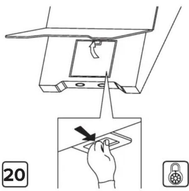 Diagram illustrating a device operation with labeled parts and directional arrows, including a hand pressing a padlock.