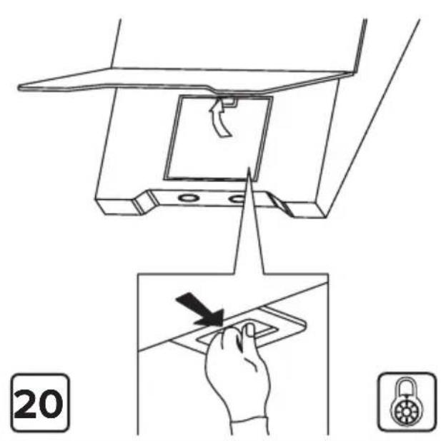 Diagram showing a device with a handle and a close-up of its internal components, labeled with numbers 20 and an icon.