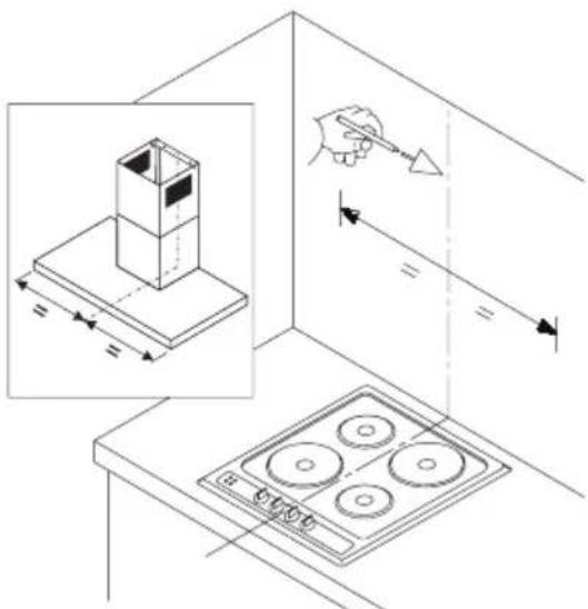 Technical diagram showing kitchen appliance installation with dimension annotations and directional arrows