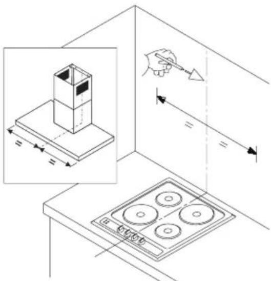 Technical diagram showing kitchen lighting setup with a box, a hand holding a tool, and a four-wheeled electric stove.