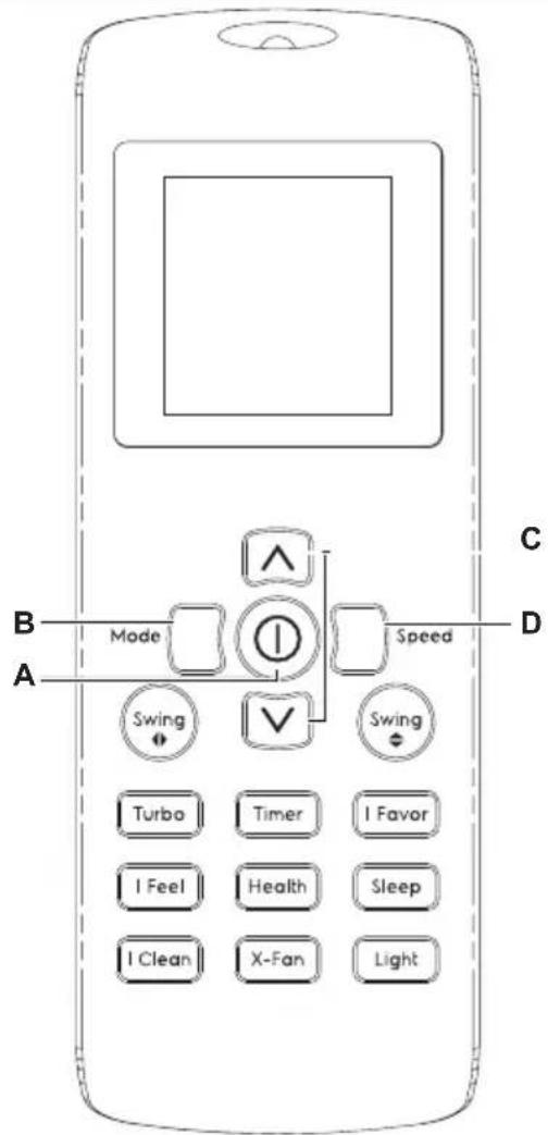 A B Mode C Speed D A Swing ✓ ✓ Swing Turbo Timer I Favor I Feel Health Sleep I Clean X-Fan Light