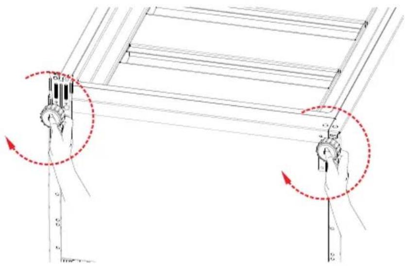 Technical diagram showing hand positioning of a ladder with two circular annotations indicating rotation directions.