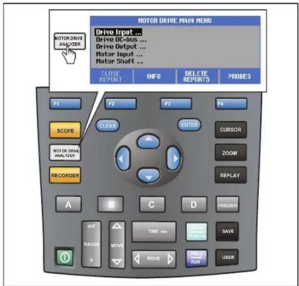 MOTOR DRIVE MAIN MENU Drive Input ... Drive DC-DUS ... Drive Output ... Motor Input ... Motor Shaft ... CLOSE REPORT INFO DELETE REPORTS PROBES F1 F2 F3 F4 CLEAR ENTER CURSOR NOTOR DRIVE ANALYZER ZOOM RECORDER REPLAY A B C D TRIGGER RV TIME run RANGE MOVE AUTO V MANUAL SAVE MOVE RUN USER
