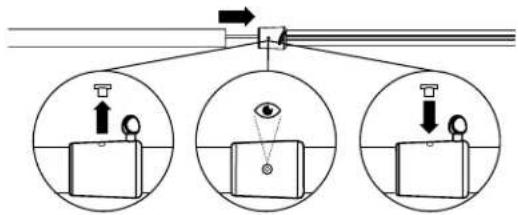 Diagram illustrating three mechanical or optical setups with labeled components and directional arrows, likely illustrating a system or measurement setup.