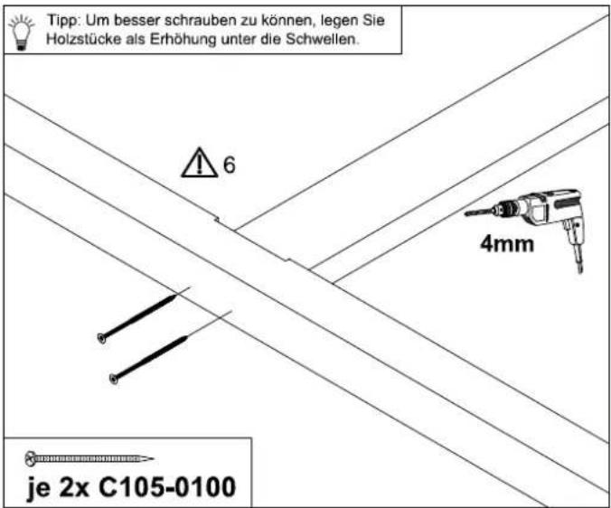 Tipp: Um besser schrauben zu können, legen Sie Holzstücke als Erhöhung unter die Schwellen. 6 4mm je 2x C105-0100