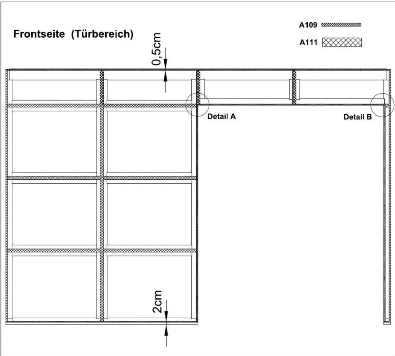 Frontseite (Türbereich) 0,5cm A109 A111 Detail A Detail B 2cm