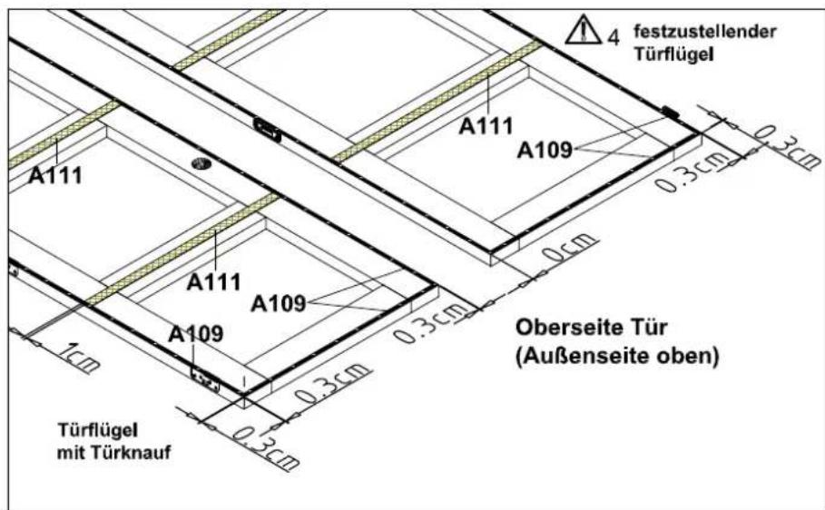 4 festzustellender Türflügel A111 A109 A111 A109 A109 0.3cm 0.3cm 0cm 0.3cm 0.3cm Oberseite Tür (Außenseite oben) Türflügel mit Türknauf