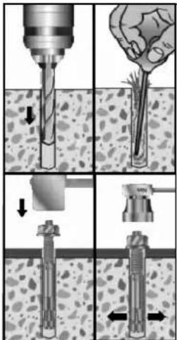 Technical diagram illustrating drilling process steps with labeled arrows indicating direction of drilling or machining.