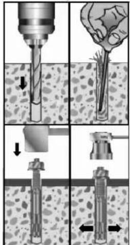 Technical diagram illustrating drilling process with labeled arrows indicating movement steps in a mechanical setup.